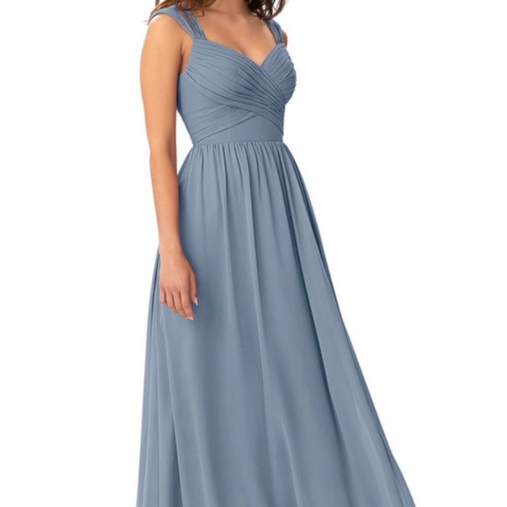 Azazie Raine Bridesmaid’s Dress
Color: Twilight. Good for dusty blue bridesmaid